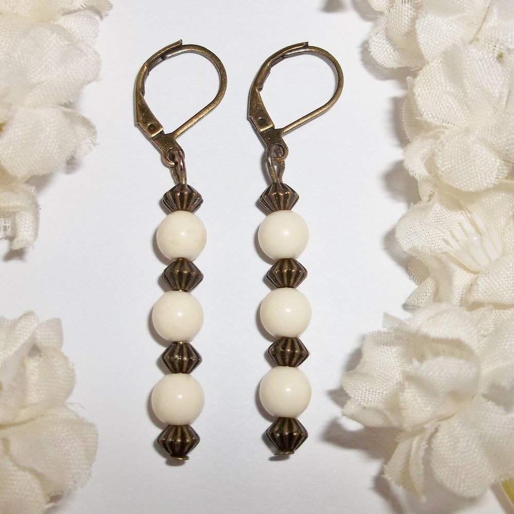 Cream and Bronze Boho Earrings Rustic Style Bohemian Costume Jewelry Set 5135
